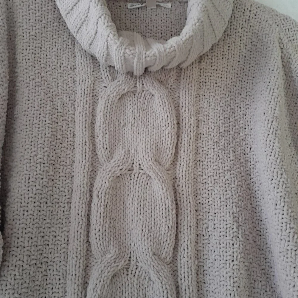 Seven 7 Chunky Cable Knit Chenille Turtleneck Sweater XL Balloon Sleeve Lt Beige